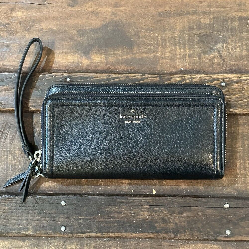 KATE SPADE Black Pebbled Leather Wristlet Wallet Double Zip EUC